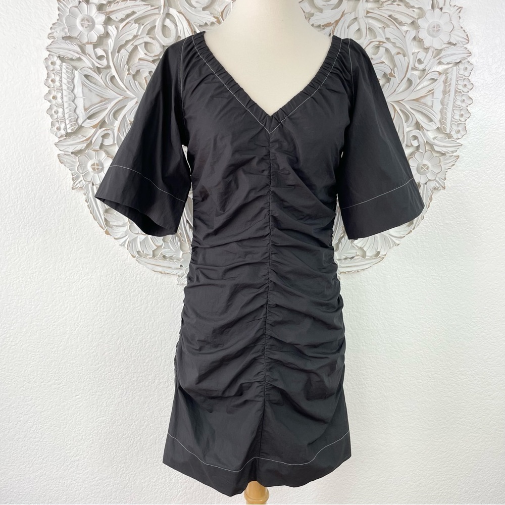 {Ganni} Ruched Short Sleeve V-Neck Mini Dress, Size S/4